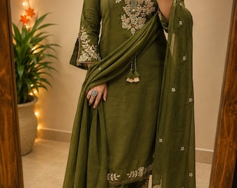 Broderad 3-delad Salwar-kostym för kvinnor, Kurta-byxa, Dupatta, indisk etnisk klänning