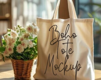 May include: A cream-colored canvas tote bag featuring the black printed text Boho Tote Mockup. The bag has two top handles and is positioned next to a small woven basket filled with white and light pink flowers on a wooden surface.