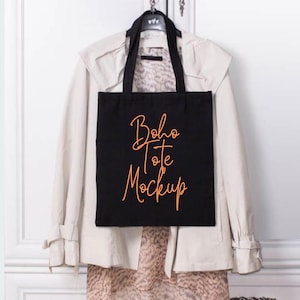 Black Tote Bag Mockup, Boho Styled Tote Mock, Tote Bag Hanging Lay Mock-up, Shopping Bag Mock up, Cotton Canvas Tote Bag Mocks, Tote Bag