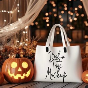 Halloween White Canvas Tote Bag Mockup, Spooky Season Mockup, Trick or Treat Mockup, Candy Bags