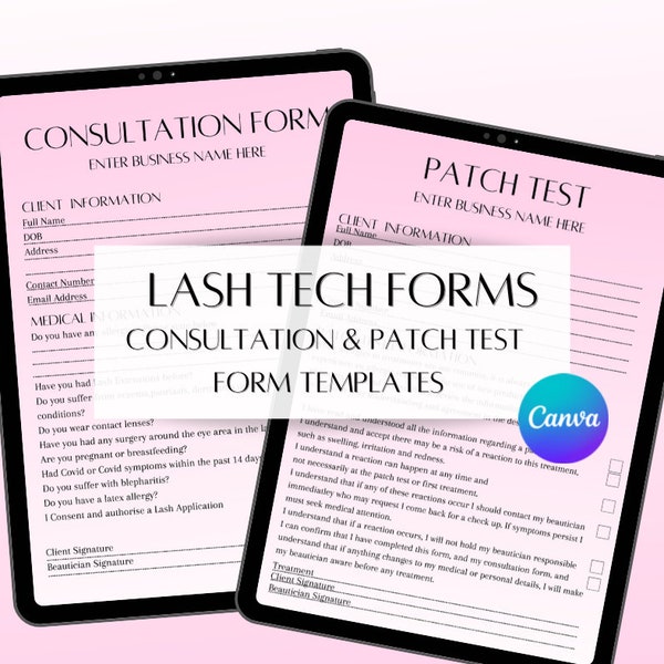Lash Tech Patch Test Form, Consultation Form, Fully Editable, Client Records, Lash Tech Protection