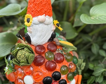 Gnome (orange porcelain) Gazing Ball on marbled 9" sphere w plastic vegetables, garden tools