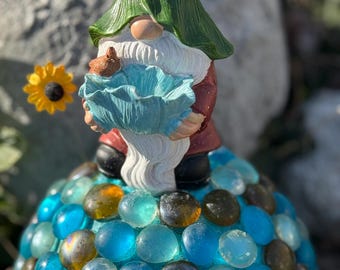Gnome Blue Gazing Ball on blue/tan marbled 9" sphere w sunflower