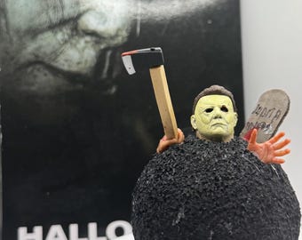 Michael Myers head w Judiths tombstone Hatchet blood on black 4" sphere..