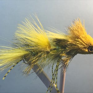May include: A yellow and green fly fishing lure with a bushy tail and a realistic fish head.