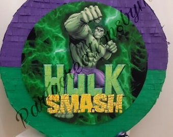 Hulk Smash green happy round party birthday pull string pinata 16x4 inches