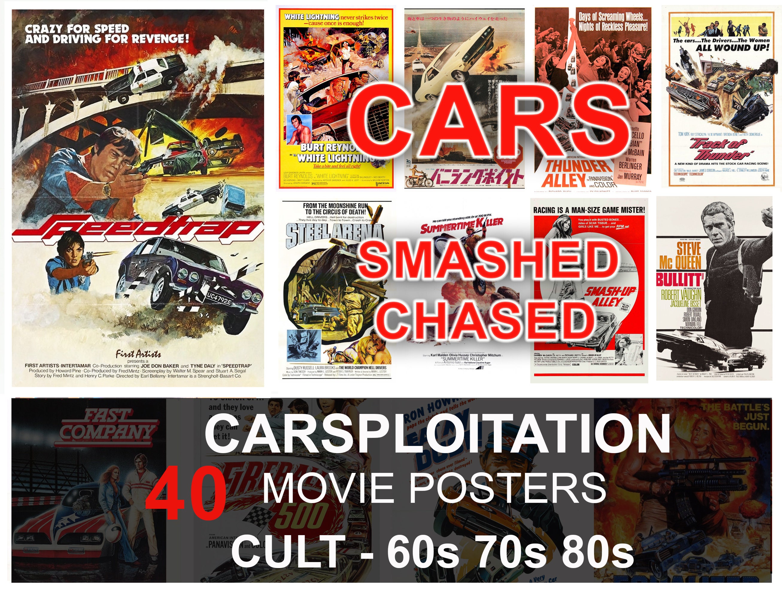Carsploitation Cult Movie Poster, Car Poster, Smashed Chased