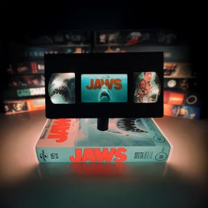 Jaws VHS Table Lamp, Handmade retro horror movie decor, 80s-90s Nostalgia, Movie Night Light