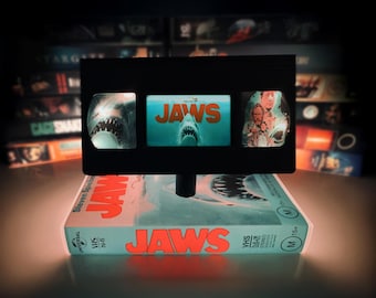 Jaws VHS Table Lamp, Handmade retro horror movie decor, 80s-90s Nostalgia, Movie Night Light