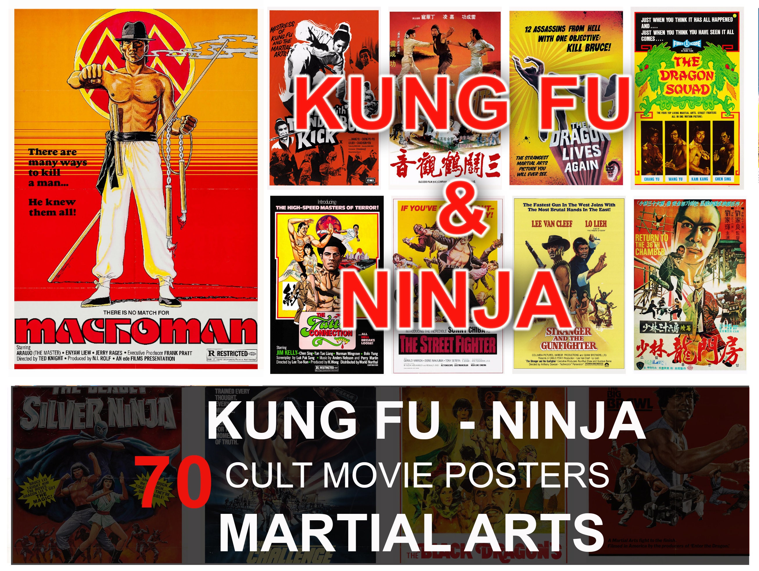 Kung Fu Ninja Movie Poster Set: 70s-80s Retro Art (digital