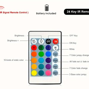 May include: A white 24-key IR remote control for LED lights. The remote has buttons for on/off, brightness, color selection, and various light effects, including flash, strobe, fade, and smooth.