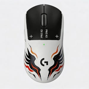 May include: White and black gaming mouse with a stylized wing design in black, orange, and red. The mouse has the text "PRO X2" and a "+" symbol on the side. The Logitech "G" logo is visible.