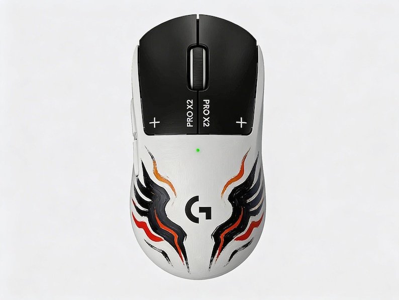 May include: White and black gaming mouse with a stylized wing design in black, orange, and red. The mouse has the text "PRO X2" and a "+" symbol on the side. The Logitech "G" logo is visible.