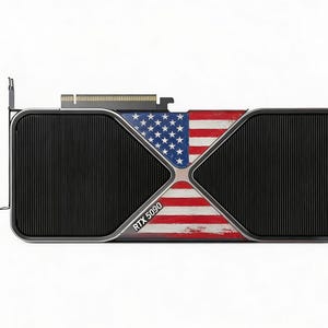 May include: A black and silver RTX 5090 graphics card with a design featuring the American flag. The card has two large black panels with vertical lines and a central section displaying the flag's stars and stripes.