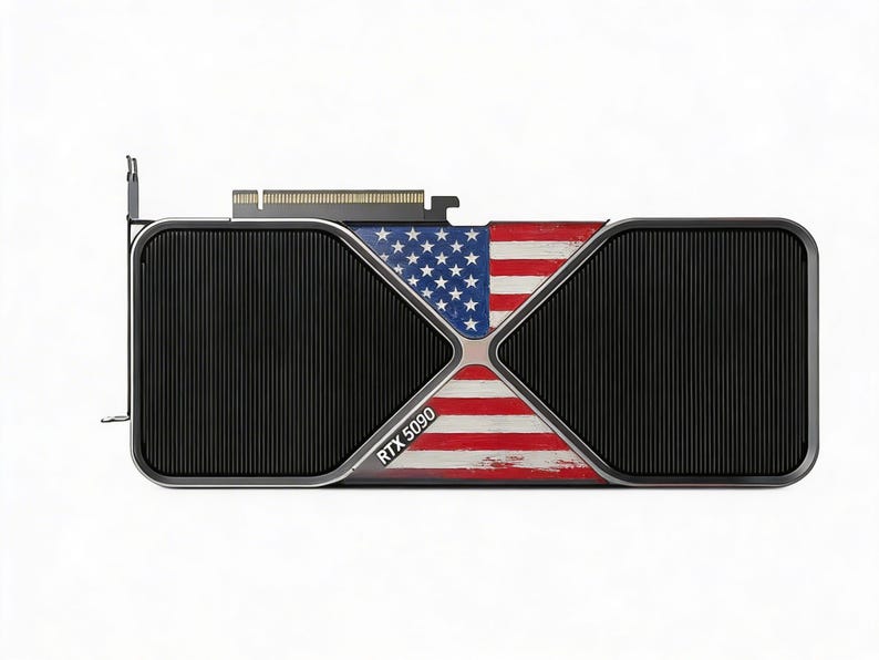 May include: A black and silver RTX 5090 graphics card with a design featuring the American flag. The card has two large black panels with vertical lines and a central section displaying the flag's stars and stripes.