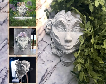 Head Planter, Wall Decoration, Face Flower Pot, Hanging Garden Decor Outdoor Art Modern Indoor | Robot Lady, Cyber Punk Girl Woman Mask Vase