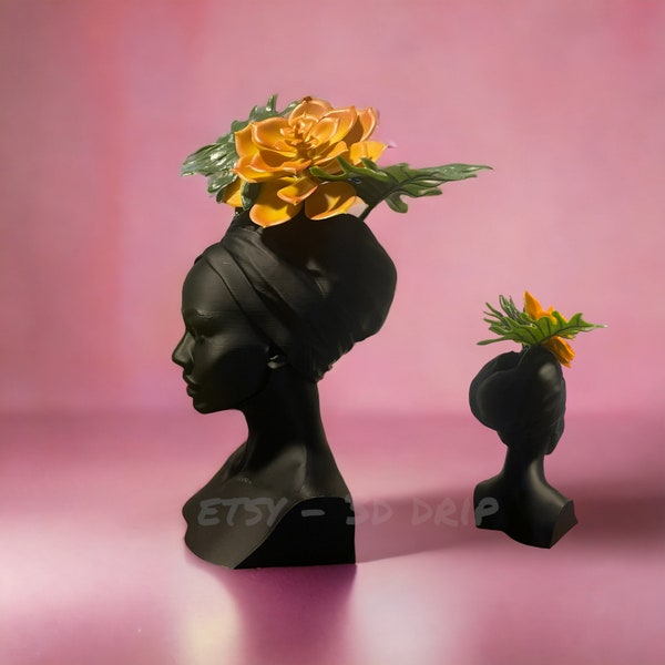 Ebony Woman Plant Vase | African Woman Statue Bust | Tribal Succulent Planter, Spiritual Lady Face Pot, Beautiful Head Wrap, Black Silk
