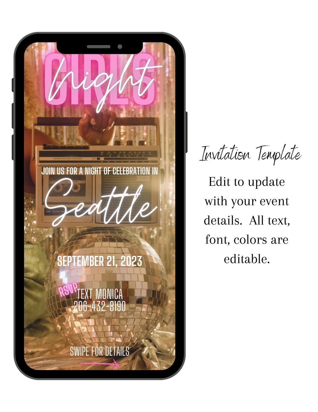 Girls Night Digital Invitation Template 100% Editable, Vibrant Disco ...