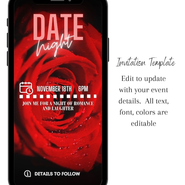 Date Night Digital Invitation Template Red Rose Drop, Editable, Itinerary Template, Outfit Inspiration Template