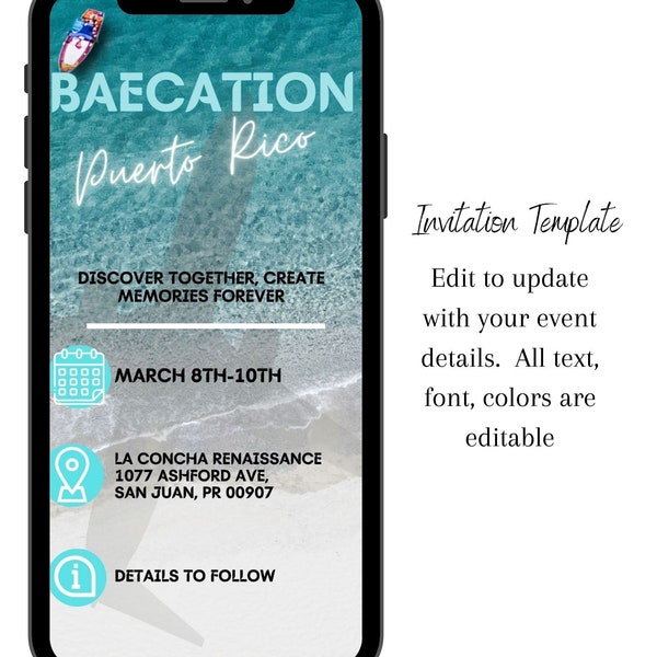 Baecation, Couples Trip Digital Invitation Template Beach, Editable, Itinerary Template, Outfit Inspiration Template Puerto Rico