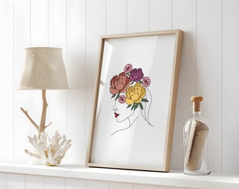 woman with flowers, line art, Woman Line Art Print,  Living Room Wall Art, Woman Line Draw Illustration, minimal art print,