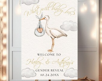 Stork Gender Reveal Welcome Sign Stork Theme Baby Shower Welcome Sign Gender Reveal Party Gender Neutral Baby Shower Coed Baby Shower Sign