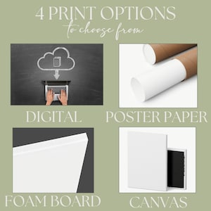 May include: Four print options for digital art: digital download, poster paper, foam board, and canvas.