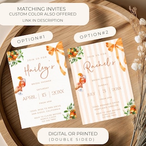 Puede incluir: Dos invitaciones para una despedida de soltera con detalles en naranja y blanco. Una presenta el nombre "Hailey's" y la otra "Rachel's". Ambas incluyen detalles del evento, ilustraciones florales y de c&oacute;cteles, y el texto "Matching Invites, Custom Color Also Offered, Link in Description."