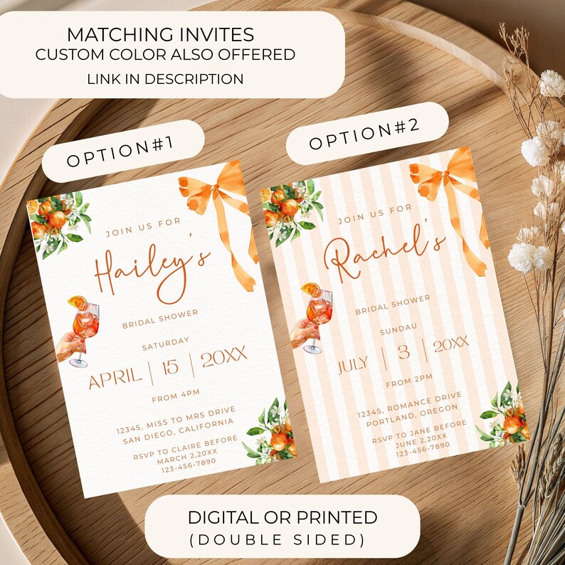 Puede incluir: Dos invitaciones para una despedida de soltera con detalles en naranja y blanco. Una presenta el nombre "Hailey's" y la otra "Rachel's". Ambas incluyen detalles del evento, ilustraciones florales y de c&oacute;cteles, y el texto "Matching Invites, Custom Color Also Offered, Link in Description."
