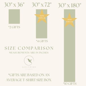 May include: A size comparison chart for gift boxes, showing three different sizes: 30 inches by 36 inches, 30 inches by 72 inches, and 30 inches by 180 inches. The chart indicates that the 30 inches by 72 inches size is the most popular. The chart also shows the number of gifts that can fit in each size box: 2 gifts, 4 gifts, and 10 gifts.