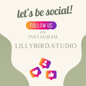 Puede incluir: Gr&aacute;fico color crema con el texto "let's be social!" en verde oscuro. Un bot&oacute;n degradado dice "FOLLOW US" en Instagram. Debajo est&aacute; "LILLYBIRD.STUDIO" e iconos de redes sociales para me gusta, comentarios y seguidores.