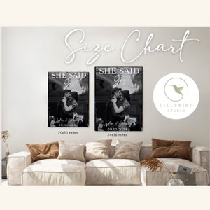 May include: Two black and white wedding announcement prints with the text "She Said Yes!" and the couple's names and wedding date. The prints are available in two sizes: 20x30 inches and 24x36 inches.