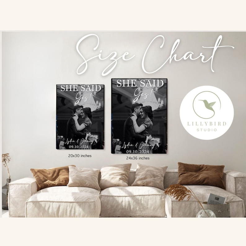 May include: Two black and white wedding announcement prints with the text "She Said Yes!" and the couple's names and wedding date. The prints are available in two sizes: 20x30 inches and 24x36 inches.