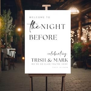 May include: White sign with black text that reads "Welcome to the night before celebrating Trish & Mark We're so glad you're here July 12, 20XX".