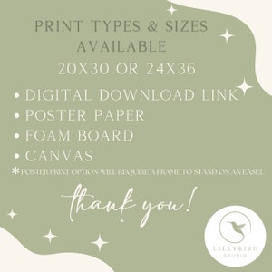 Puede incluir: Gr&aacute;fico verde salvia con texto blanco que enumera los tipos y tama&ntilde;os de impresi&oacute;n disponibles: enlace de descarga digital, papel de p&oacute;ster, cart&oacute;n pluma y lienzo. Tama&ntilde;os: 50,8x76,2 o 61x91,4 cm. El texto "&iexcl;gracias!" est&aacute; escrito en cursiva.