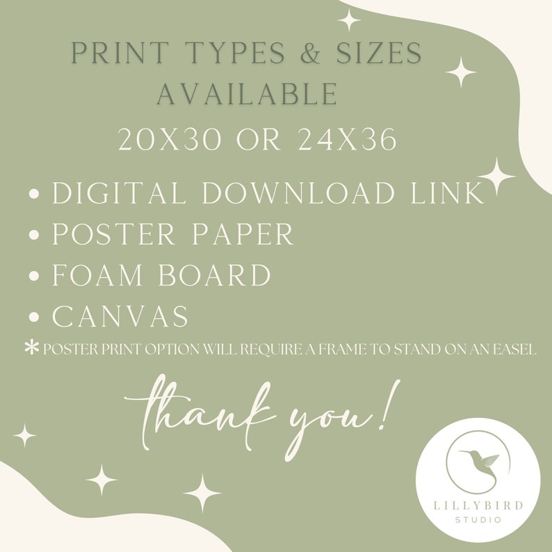 Puede incluir: Gr&aacute;fico verde salvia con texto blanco que enumera los tipos y tama&ntilde;os de impresi&oacute;n disponibles: enlace de descarga digital, papel de p&oacute;ster, cart&oacute;n pluma y lienzo. Tama&ntilde;os: 50,8x76,2 o 61x91,4 cm. El texto "&iexcl;gracias!" est&aacute; escrito en cursiva.