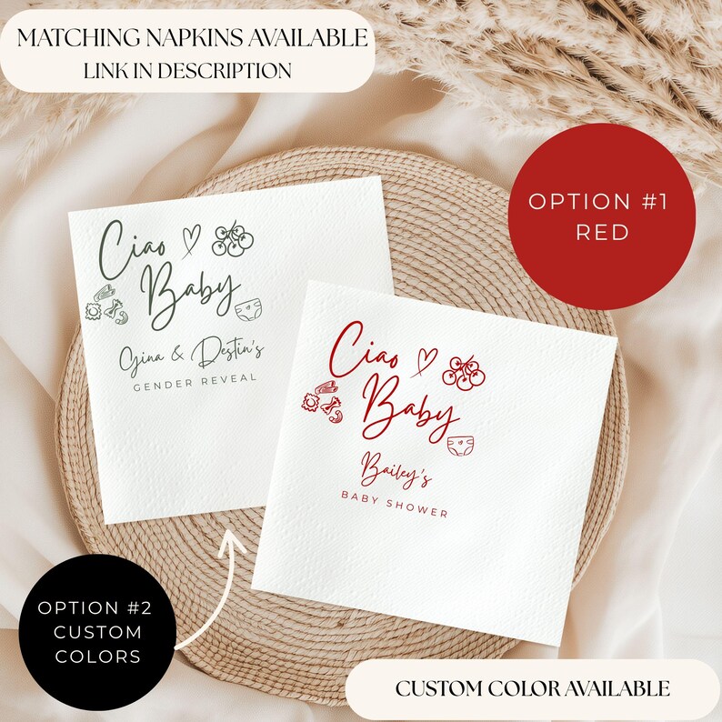 K&ouml;nnte beinhalten: Zwei wei&szlig;e Papierservietten mit dem Text "Ciao Baby" in schwarzer und roter Schrift, mit Baby-Illustrationen. Auf einer Serviette steht "Gina & Dustin's GENDER REVEAL", auf der anderen "Bailey's BABY SHOWER". Das Bild enth&auml;lt den Text "Passende Servietten erh&auml;ltlich" und "Eigene Farbe verf&uuml;gbar".