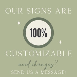 May include: Green background with white text that reads "Our signs are 100% customizable. Need changes? Send us a message!" A white circle with a green outline contains the text "100%" in black.