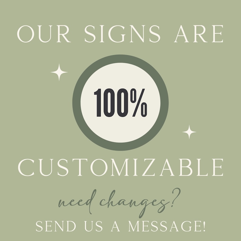 May include: Green background with white text that reads "Our signs are 100% customizable. Need changes? Send us a message!" A white circle with a green outline contains the text "100%" in black.