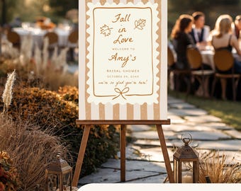 Fall in Love Bridal Shower Welcome Sign | Fall Bridal Shower Sign | Hand Drawn Striped Wedding Sign | Autumn Bridal Shower Decor