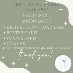 Puede incluir: Un gr&aacute;fico verde salvia con texto blanco que enumera los tipos y tama&ntilde;os de impresi&oacute;n disponibles, incluido el enlace de descarga digital, papel de p&oacute;ster, tablero de espuma y opciones de lienzo. El texto "thank you!" est&aacute; escrito en cursiva, con un logotipo de colibr&iacute;.