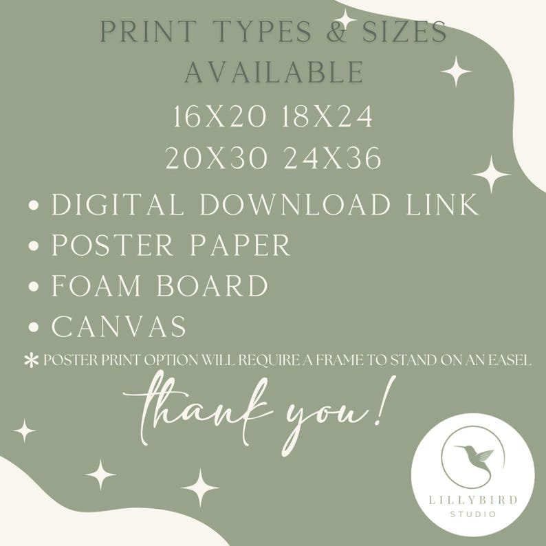 Puede incluir: Un gr&aacute;fico verde salvia con texto blanco que enumera los tipos y tama&ntilde;os de impresi&oacute;n disponibles, incluido el enlace de descarga digital, papel de p&oacute;ster, tablero de espuma y opciones de lienzo. El texto "thank you!" est&aacute; escrito en cursiva, con un logotipo de colibr&iacute;.