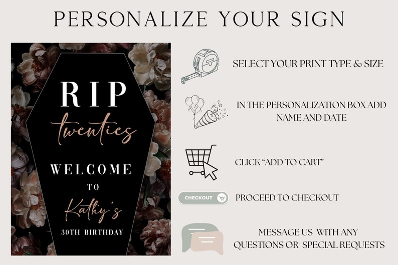 May include: A personalized sign with the text "RIP twenties" in a coffin shape, with floral background. The sign welcomes guests to Kathy's 30th birthday. Instructions include selecting print type, adding name and date, and proceeding to checkout.