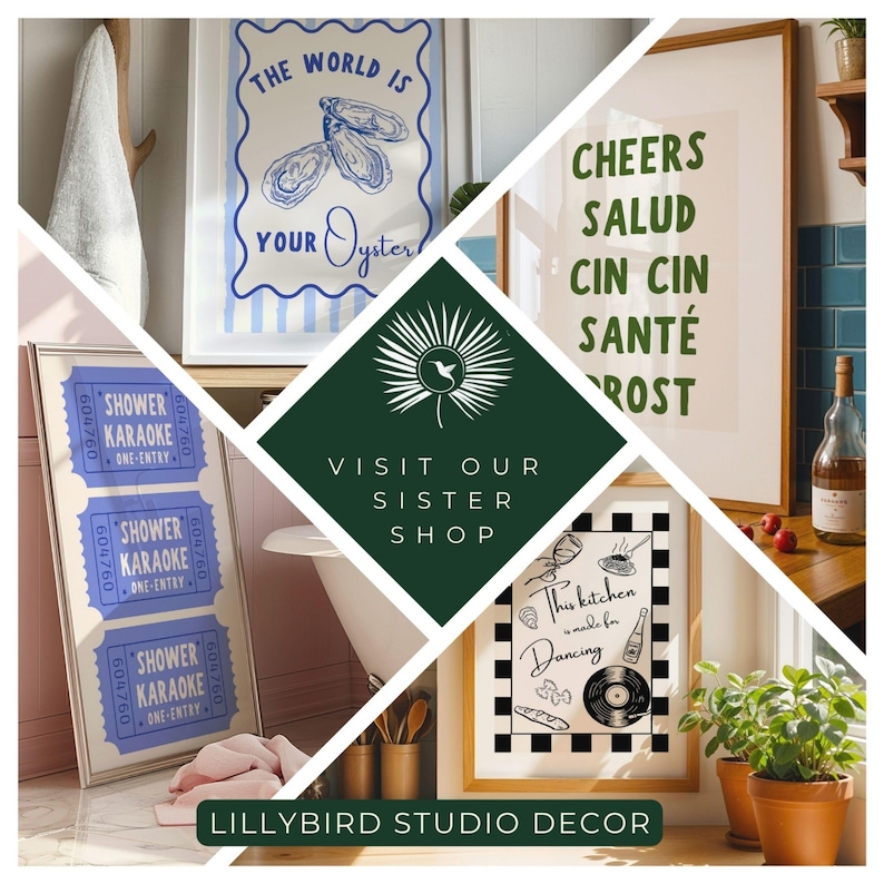 K&ouml;nnte beinhalten: Eine Collage von gerahmten Kunstdrucken mit verschiedenen Designs. Ein Druck zeigt "The World Is Your Oyster", ein anderer sagt "Cheers" in mehreren Sprachen, und ein dritter sagt "This kitchen is made for dancing."