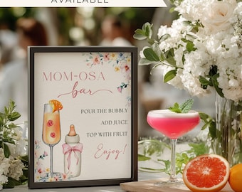 Mom-Osa Mimosa Bar Sign | Hand Drawn Mimosa Station Sign with Bows | Baby Shower & Gender Reveal Decor | Custom Bar Sign