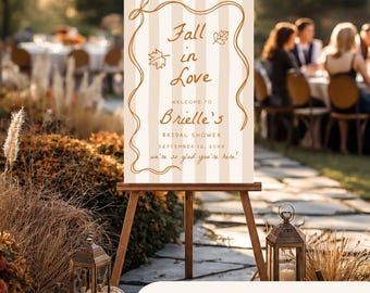 Fall in Love Bridal Shower Welcome Sign | Fall Bridal Shower Sign | Hand Drawn Striped Wedding Sign | Autumn Bridal Shower Decor