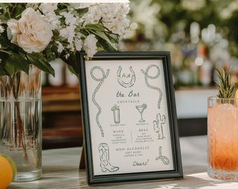Personalized Western Themed Bar Sign | Signature Drinks Menu | Hand Drawn Cocktail Sign | Whimsical Handwritten Wedding Bar Menu