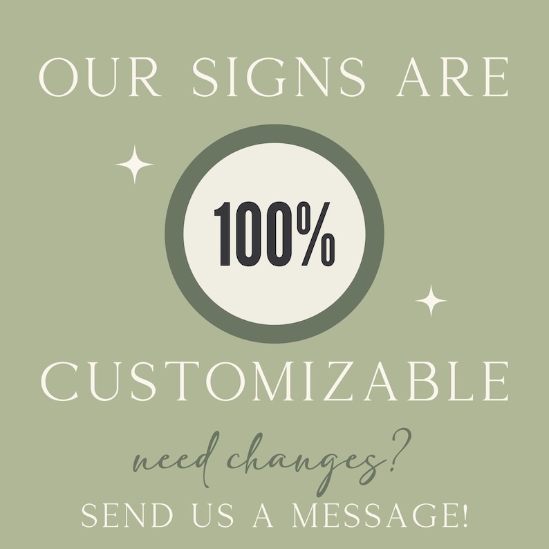 Puede incluir: Imagen cuadrada con fondo verde salvia. El texto "OUR SIGNS ARE 100% CUSTOMIZABLE" se muestra en blanco, con una fuente elegante. Las palabras "need changes? SEND US A MESSAGE!" est&aacute;n en una fuente de escritura.