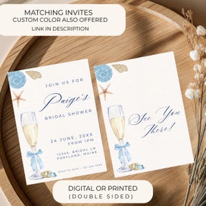 Puede incluir: Dos invitaciones para una despedida de soltera con tem&aacute;tica de playa. Las invitaciones presentan copas de champ&aacute;n, conchas marinas y estrellas de mar. El texto incluye "Paige's Bridal Shower" y "See You There!". Las invitaciones son de doble cara y ofrecen colores personalizados.