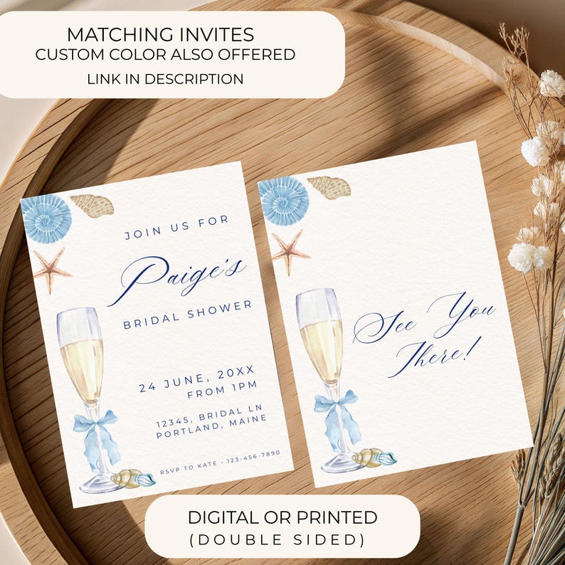 Puede incluir: Dos invitaciones para una despedida de soltera con tem&aacute;tica de playa. Las invitaciones presentan copas de champ&aacute;n, conchas marinas y estrellas de mar. El texto incluye "Paige's Bridal Shower" y "See You There!". Las invitaciones son de doble cara y ofrecen colores personalizados.